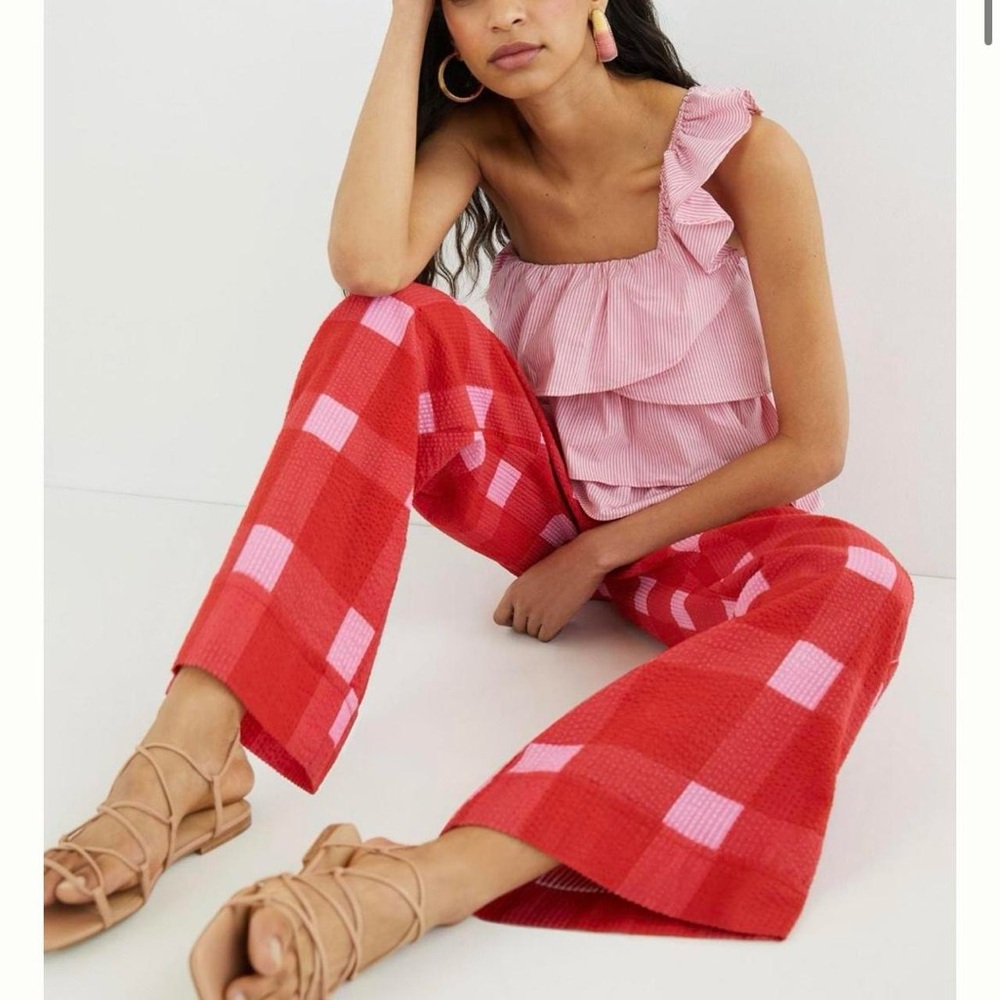 Anthropologie Red and Pink Checkered Wide Leg Pants